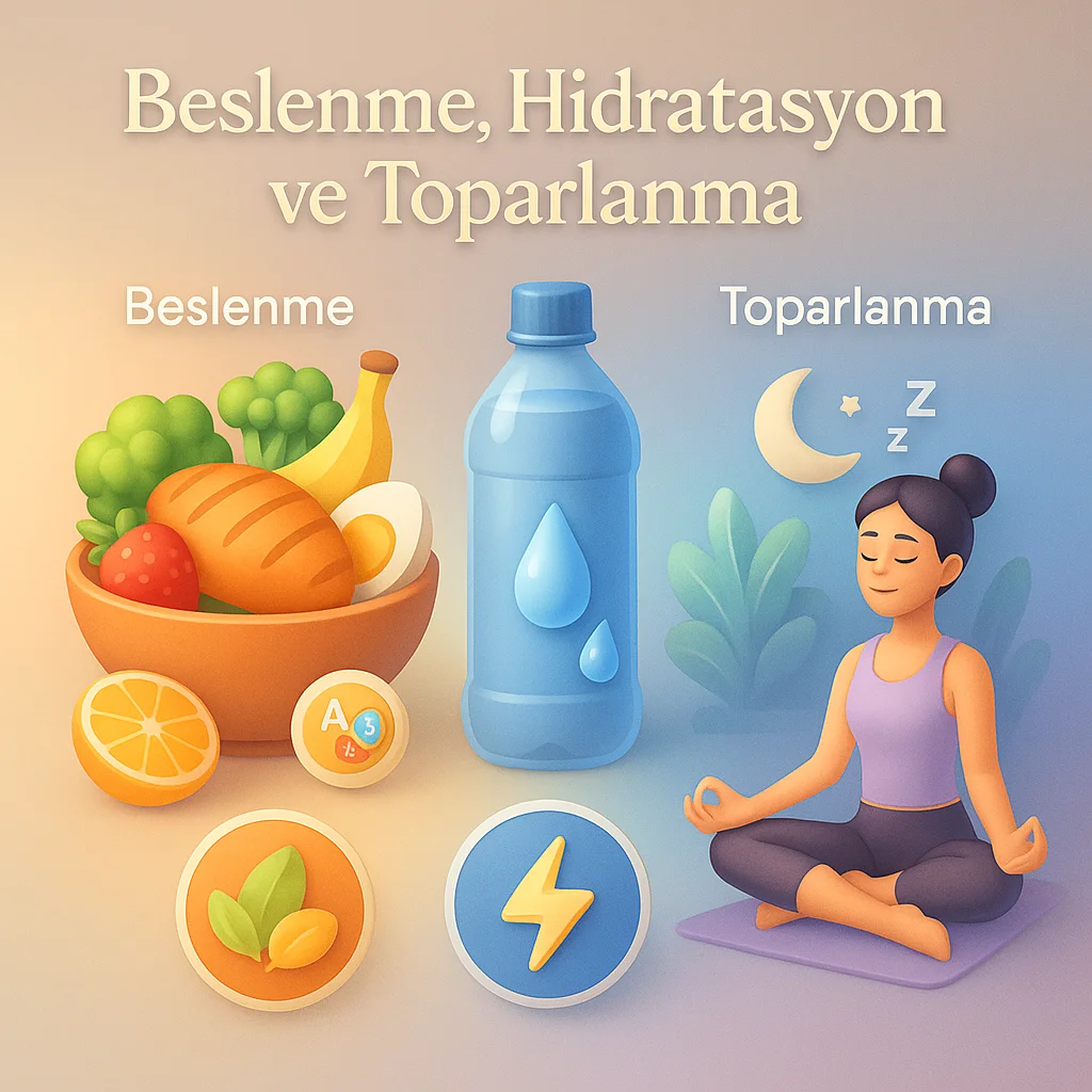 Sporcular için beslenme, su tüketimi ve toparlanma dengesini gösteren modern illüstrasyon